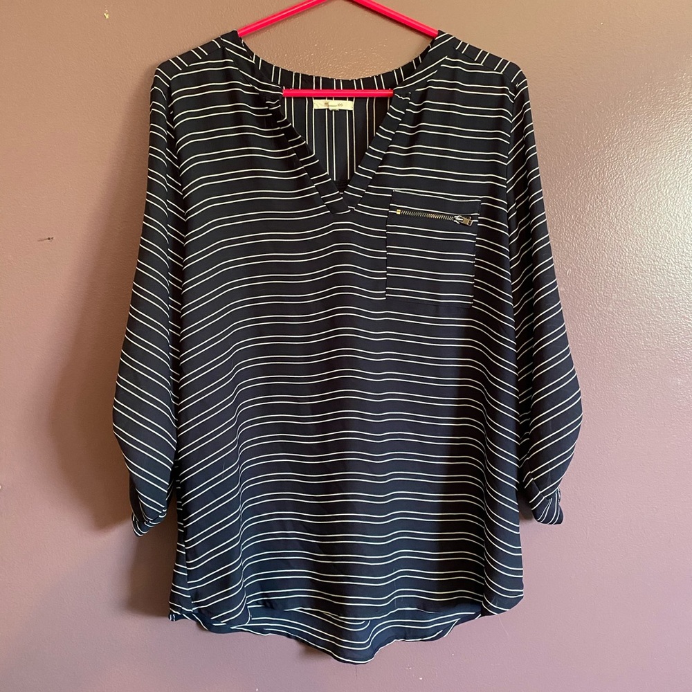 Blue and white striped  3/4 sleeve blouse.